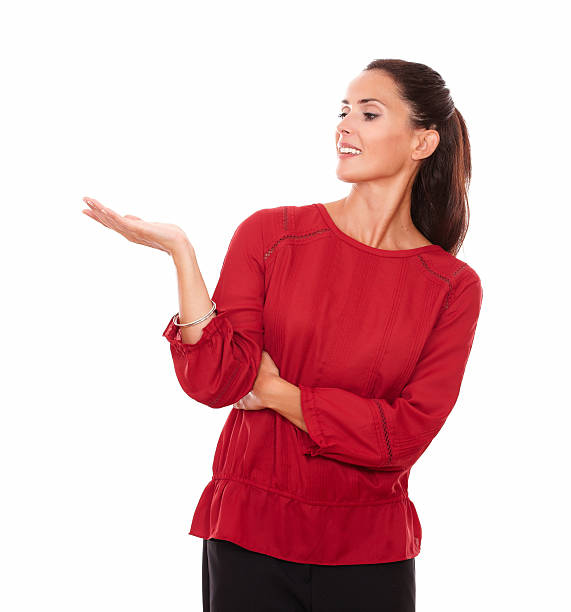 istock Lovely hispanic lady holding her right palm up 515688951