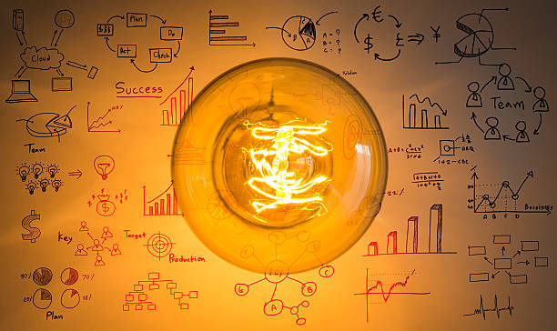 istock Top view of vintage glowing light bulb with drawing graph 515689535