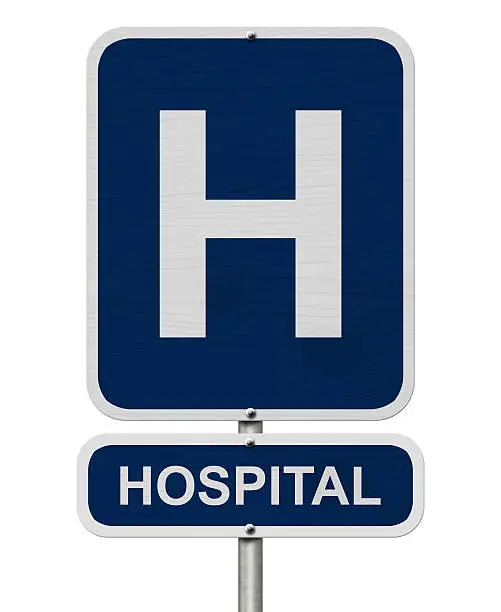 Hospital this way, A blue road sign with a capital H and word Hospital isolated on white
