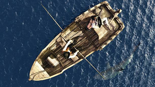 Pirate couple in rowboat from overhead stock photo