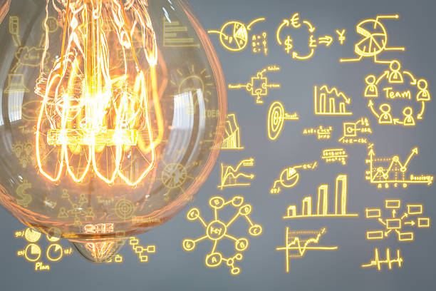 istock Close up of vintage glowing light bulb with business graph 515702677