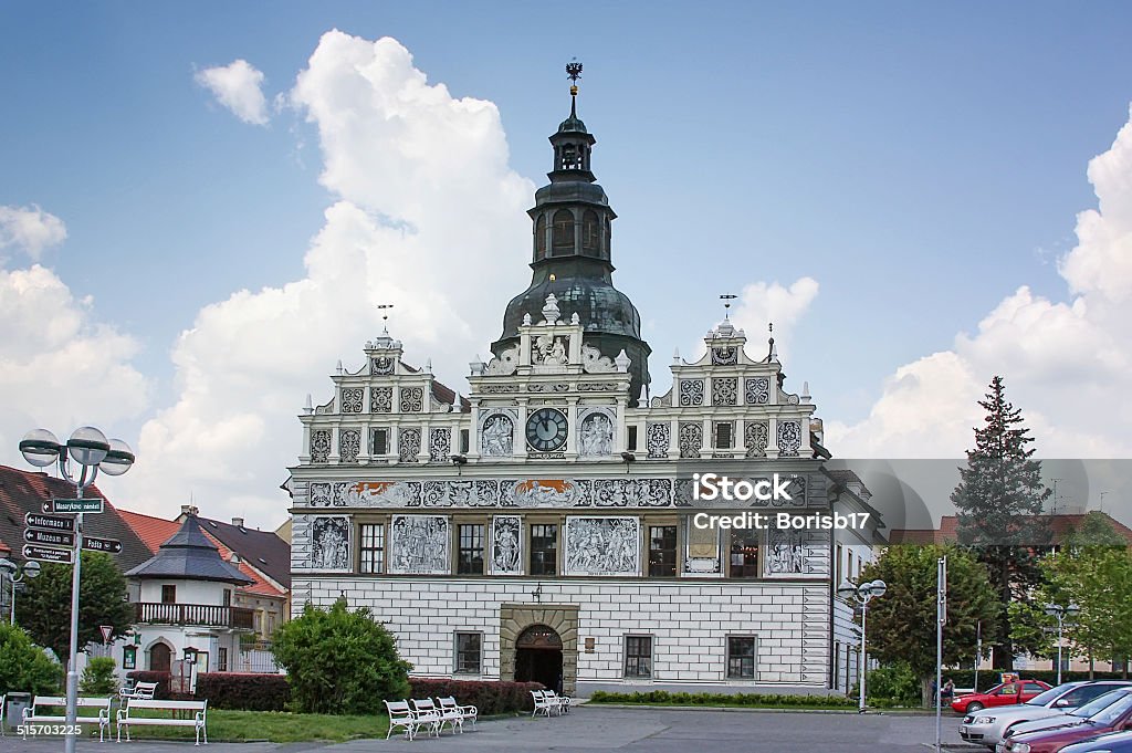 Town hall in Stribro ,Czech republic The 1543 town hall (radnice) has a facade with sgraffito gables. The name Stribro means silver after the silver mines that existed here from as early as the 12th century,Czech republic Czech Republic Stock Photo