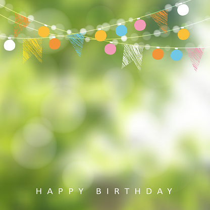 Birthday garden party or Brazilian june party, vector illustration with garland of lights, party flags and blurred background