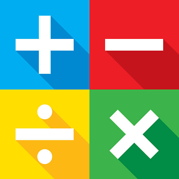 Math Icons Set Vector illustration of four blue, red, yellow, and green, math icons in flat style. plus minus icon stock illustrations