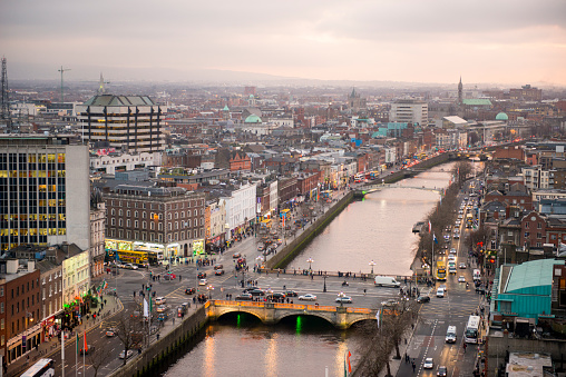 Dublin city centre from above at sunset, Dublin, Ireland. 