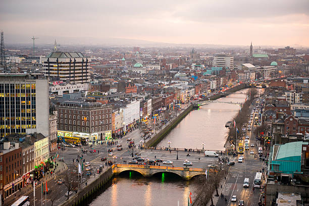 Dublin city centre at sunset Dublin city centre from above at sunset, Dublin, Ireland.  republic of ireland stock pictures, royalty-free photos & images