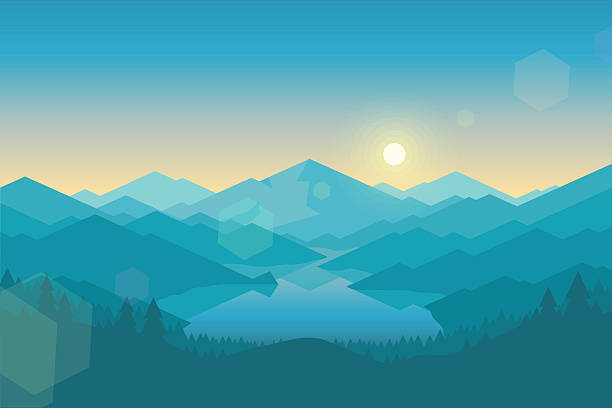 Vector mountain and forrest landscape early in the morning. vector art illustration