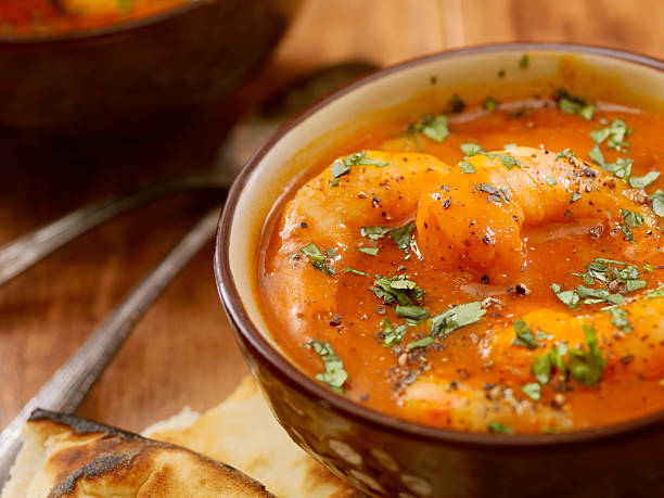 Spicy Red Curry Soup with Shrimp and Naan Bread -Photographed on Hasselblad H1-22mb Camera