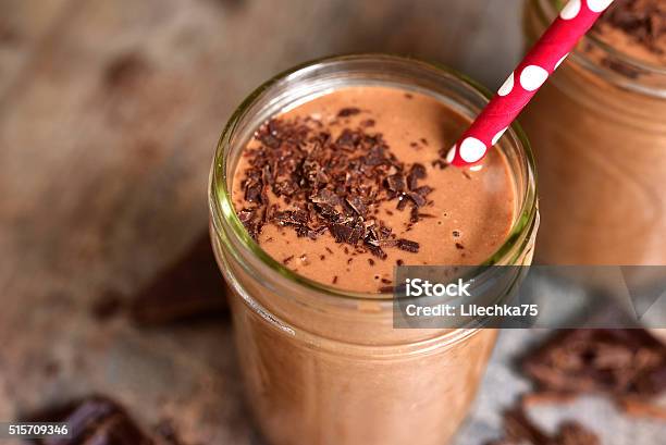 Chocolate Babnana Smoothie Stock Photo - Download Image Now - Drinking Straw, Mason Jar, Milkshake