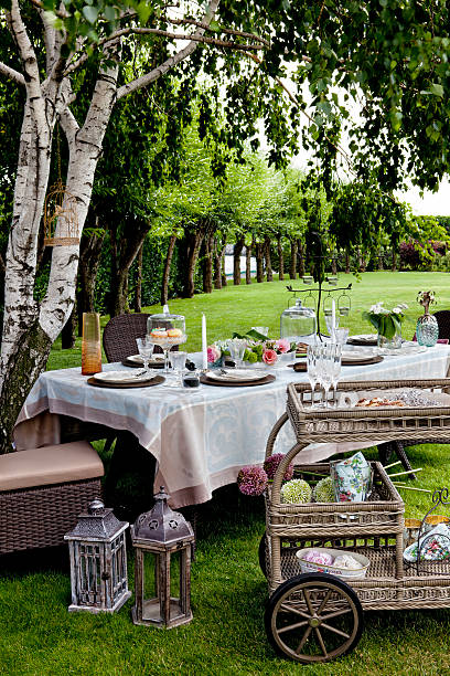 роскошная свадьба таблице настройка обед на свежем воздухе - napking ring стоковые фото и изображения