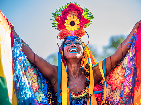 Rio de Janeiro, Brazil - February 9, 2016: Beautiful Brazilian woman of African descent wearing colourful costume and smiling during Carnaval 2016 in Rio de Janeiro, Brazil.