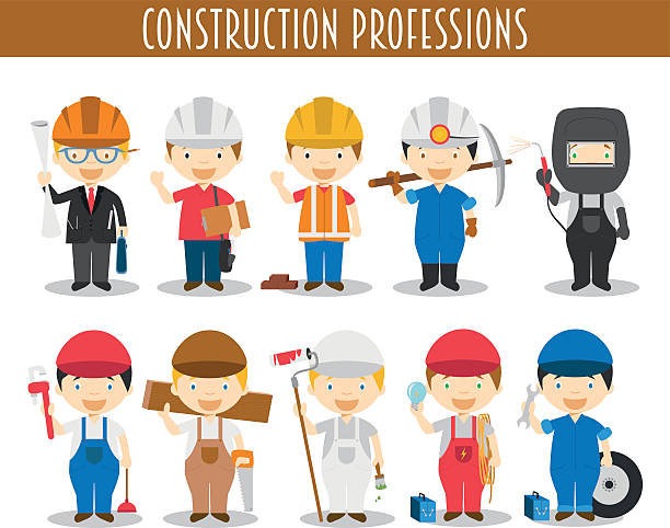 illustrazioni stock, clip art, cartoni animati e icone di tendenza di vettoriale gruppo di costruzione professioni nel fumetto stile - child building activity construction engineer