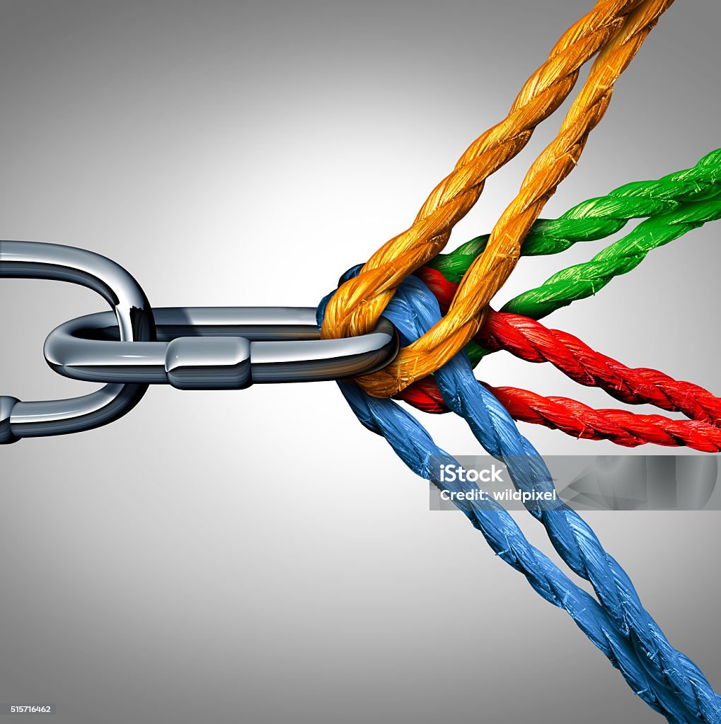 Concept Of Connection Concept of connection as a connected group symbol with different ropes tied and linked together pulling on a metal chain as an unbreakable link as a community trust and faith metaphor. Pulling Stock Photo