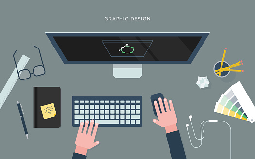 A flat vector illustration of a graphic design workspace. May be used for a variety of applications, including backgrounds, web banners and graphics, presentations, posters, advertising, and printed materials.