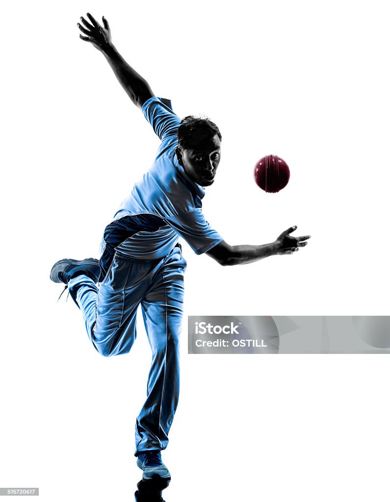 pitcher Cricket player  silhouette pitcher Cricket player in silhouette shadow on white background Cricket Player Stock Photo