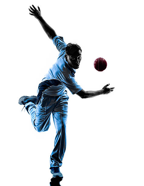 pitcher Cricket player  silhouette pitcher Cricket player in silhouette shadow on white background cricket player stock pictures, royalty-free photos & images