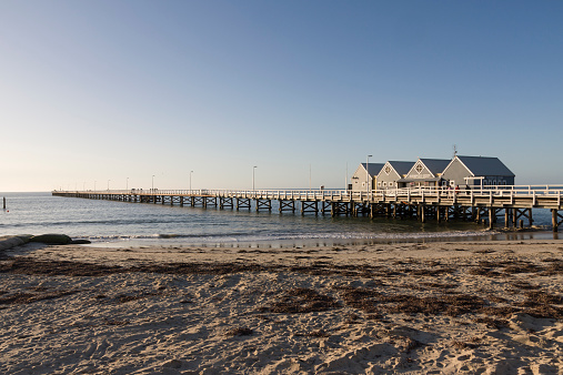 Busselton, Australia - August 3, 2014: Busselton Jetty in Western Australia. The jetty is 1.8 km long and is famed for being the longest wooden Jetty in the southern hemisphere.