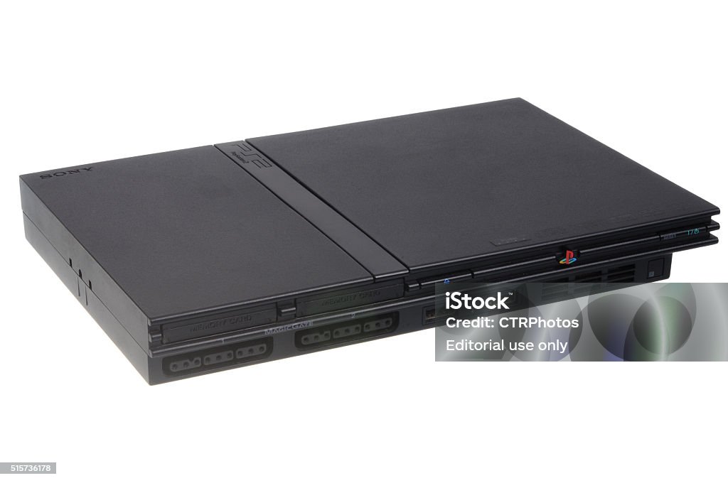 Playstation 2 (PS2) Slimline Game Console Adelaide, Australia - March 15, 2016:  A studio shot of a Playstation 2 (PS2) Slimline Game Console. Popular video game console sold worldwide by Sony. Playstation 2 Stock Photo
