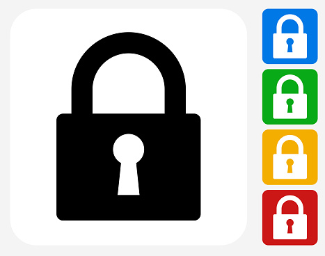 Security Lock Icon. This 100% royalty free vector illustration features the main icon pictured in black inside a white square. The alternative color options in blue, green, yellow and red are on the right of the icon and are arranged in a vertical column.