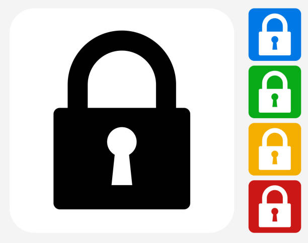 Security Lock Icon Flat Graphic Design Security Lock Icon. This 100% royalty free vector illustration features the main icon pictured in black inside a white square. The alternative color options in blue, green, yellow and red are on the right of the icon and are arranged in a vertical column. unlocking stock illustrations