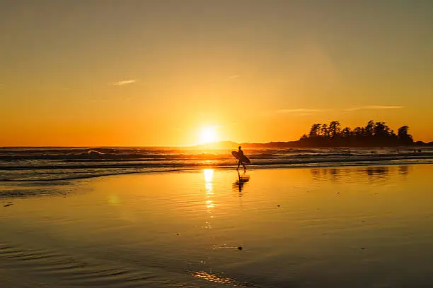 Surfer at sundown at Chesterman Beach in Tofino, British Columbia, Canada