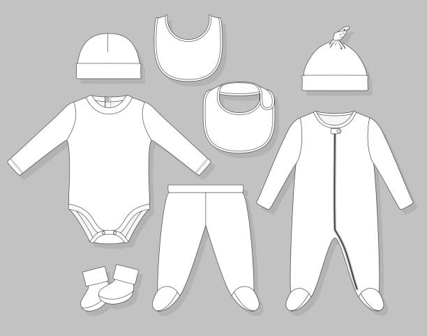 baby boy clothes baby boy clothes set flat sketch isolated on grey background baby bib stock illustrations