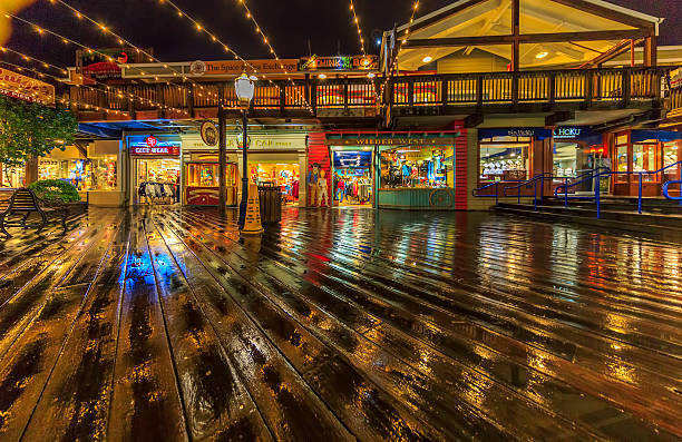 Storefronts at Pier 39 at night after heavy rain