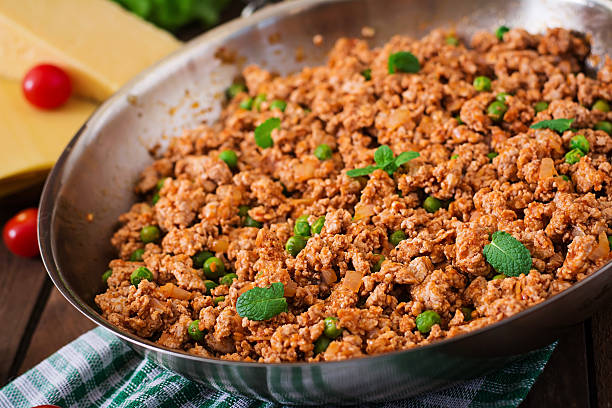 istock Minced meat in a frying pan for stuffing lasagna. 515742676