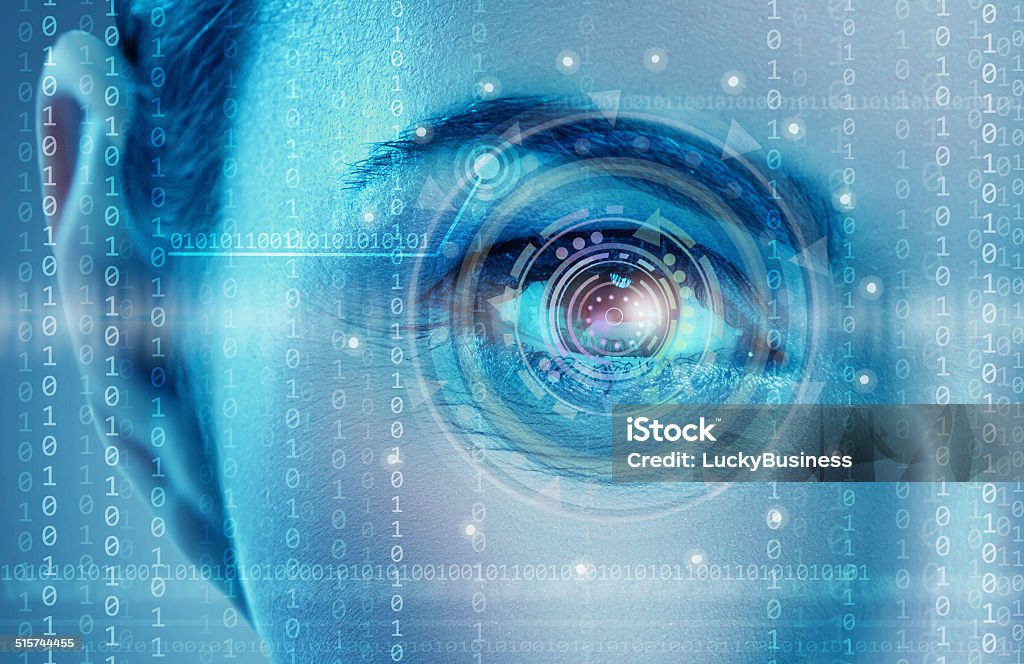 Eye viewing digital information Eye viewing digital information represented by circles and signs Human Eye Stock Photo