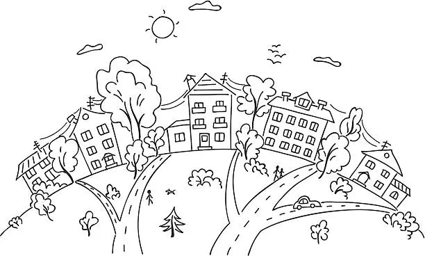 Vector illustration of Cartoon town on a hill