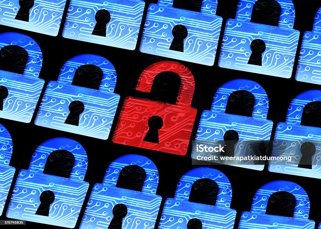 computer security Hacked symbol of open red padlock surrounded by secured blue pad lock Data Stock Photo