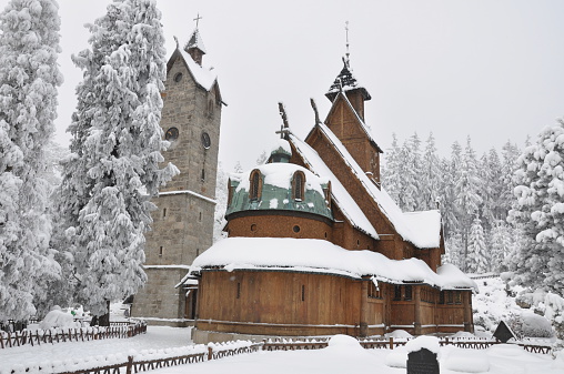 Wooden church Wang in Karpacz in winter