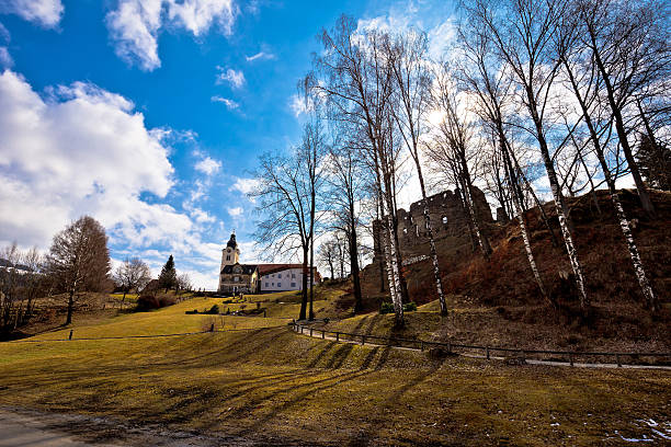 Town of Bad sankt Leonhard im Lavanttal church and fort on hill, Carinthia, Austria