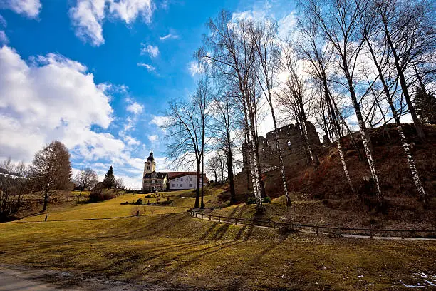 Town of Bad sankt Leonhard im Lavanttal church and fort on hill, Carinthia, Austria