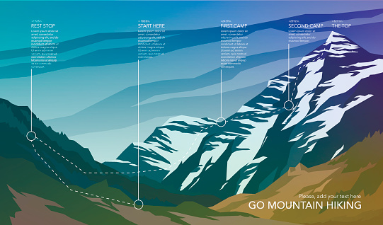 High mountain landscape infographic. Hiking trail in national park. Wilderness. Spectacular view. Web banner. Vector illustration.