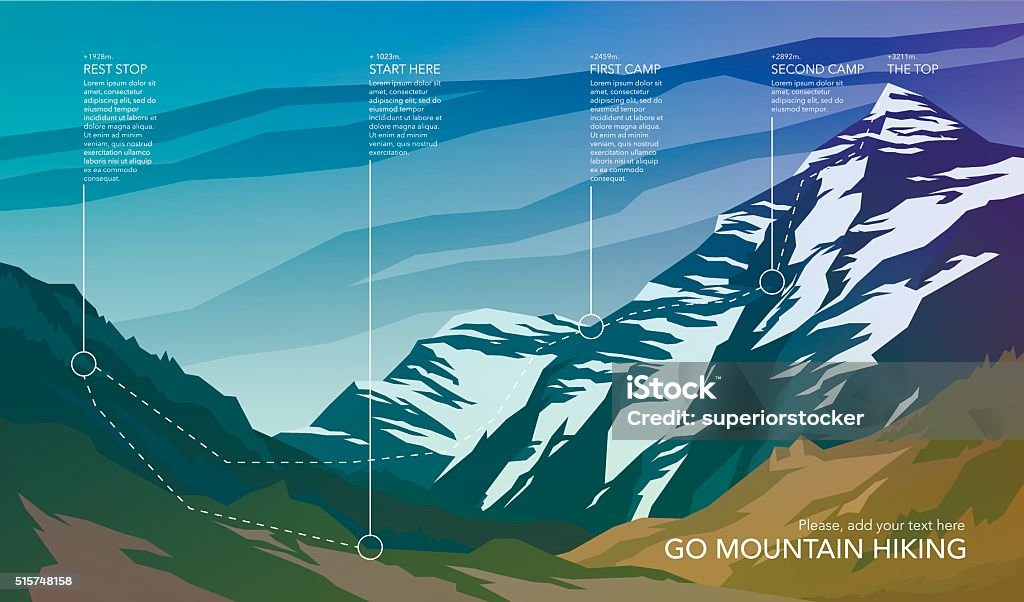 High mountain landscape infographic. High mountain landscape infographic. Hiking trail in national park. Wilderness. Spectacular view. Web banner. Vector illustration. Mountain stock vector
