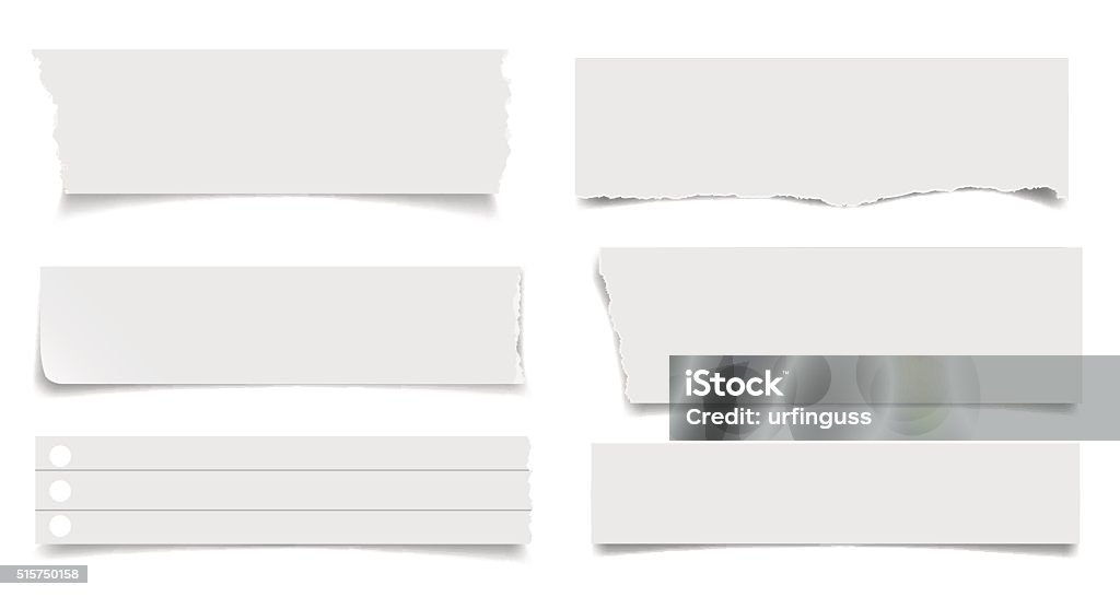 Set of notepaper sheets with shadow Set of notepaper sheets with shadow isolated on white background. Squared and lined notebook page wit ragged edges. Torn ragged paper pieces. Realistic vector illustration of paper pieces. Paper stock vector