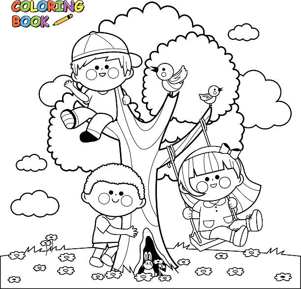 Children playing on a tree coloring book page Vector Illustration of children playing and climbing on a tree. Coloring book page.  kids coloring pages stock illustrations