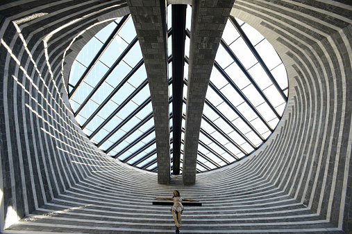 Mogno, Switzerland - September 22, 2014: The modern church of Mogno built by famous architect Mario Botta on Maggia valley on the Swiss alps