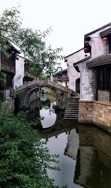 istock Tranquil Bridge Crossing, Canal, Waterway, Village, Reflection, Chinese Hanging Lantern 515775785