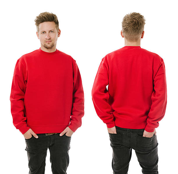 Man posing with blank red sweatshirt stock photo