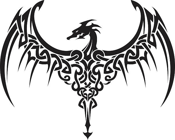 Celtic Dragon Wings Tattoo Intricate ornate mythical dragon wing span celtic knot animals stock illustrations