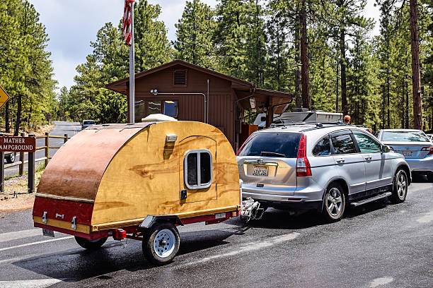 Grand Canyon National Park, Arizona, USA -May 29, 2015: Self-made teardrop camping trailer at a Grand Canyon campground. Camping is a popular way to visit this National Park for thousands of people every year.