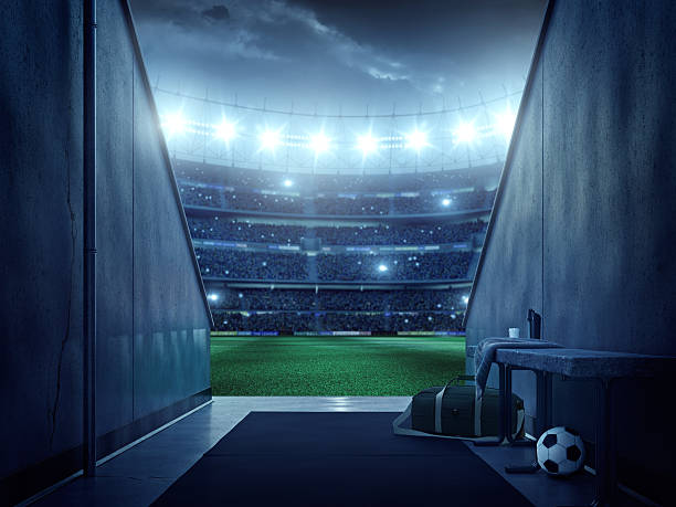 サッカースタジアムの眺めをもつ「プレーヤーズ区 - soccer field night stadium soccer ストックフォトと画像