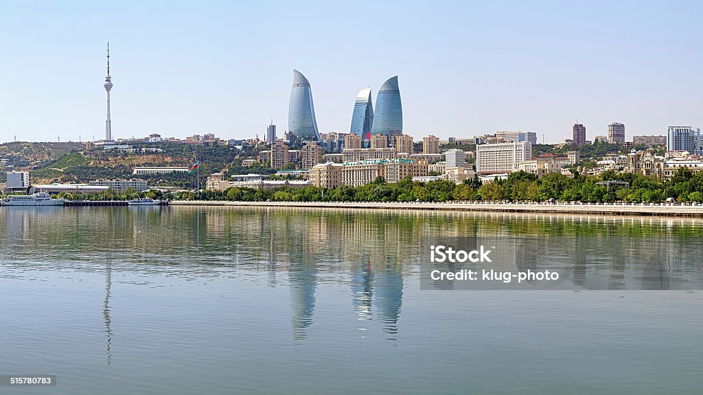 View of Baku downtown from Caspian Sea, Azerbaijan View of Baku downtown with Flame Towers skyscrapers and TV tower from Caspian Sea, Azerbaijan Baku Stock Photo