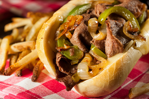 Homemade Philly Cheesesteak Sandwich with Onions and Peppers