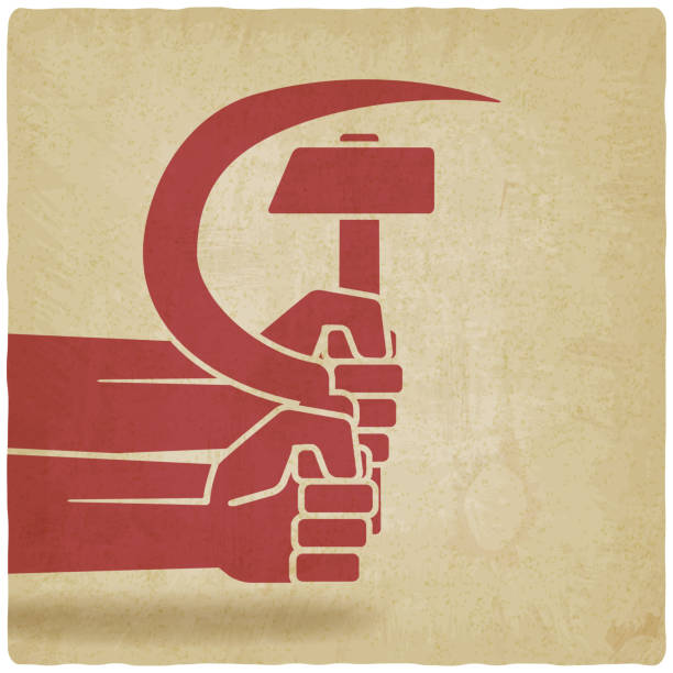 hände mit hammer und sichel alten hintergrund - socialism stock-grafiken, -clipart, -cartoons und -symbole