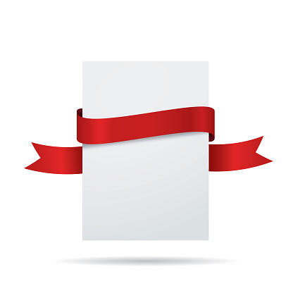 Blank white label invitation card with red ribbon