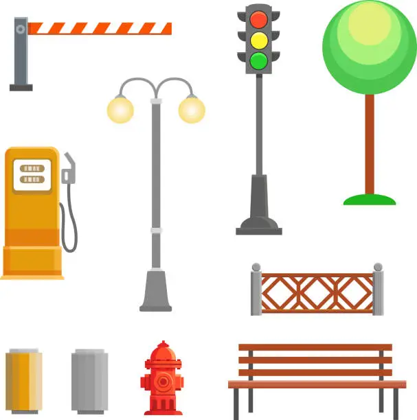 Vector illustration of Vector street element icons set. Bench, hydrant and trafficlights,