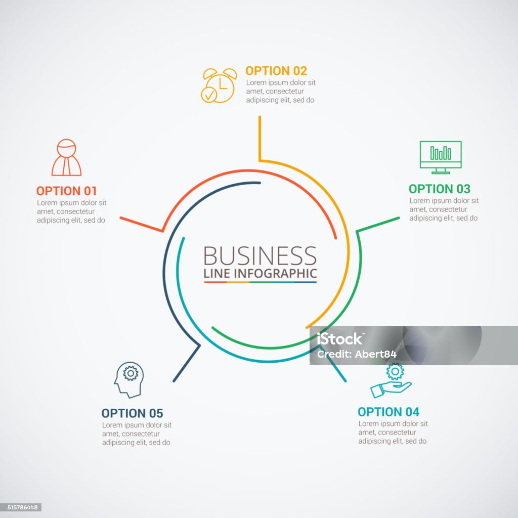 Thin line flat circle for infographic. Thin line flat circle for infographic. Template for cycle diagram, graph, presentation and round chart. Business concept with 5 options, parts, steps or processes. Data visualization. Number 5 stock vector